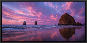 Purple sunset seastack canvas art for dramatic coastal living room decor.