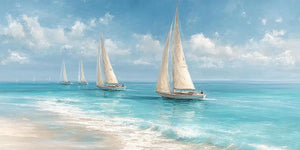 Nautical sailboat canvas art for calm coastal living room decor.