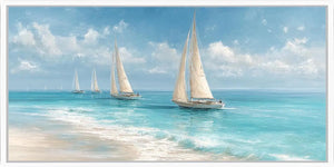 Nautical sailboat canvas art for calm coastal living room decor.