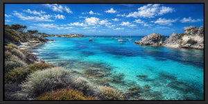 Bright turquoise cove canvas art with boats for beach house living room decor.