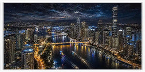 Night city skyline canvas art with bridge, river lights and dramatic reflections.