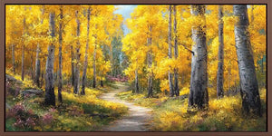 Golden autumn forest canvas art with winding path and bright yellow trees.