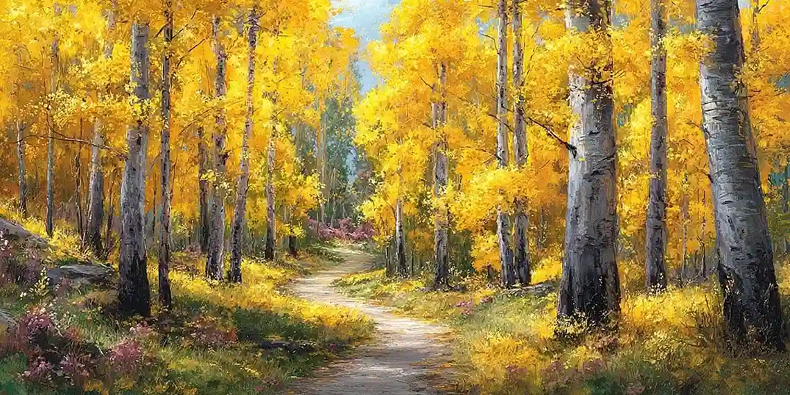 Golden autumn forest canvas art with winding path and bright yellow trees.