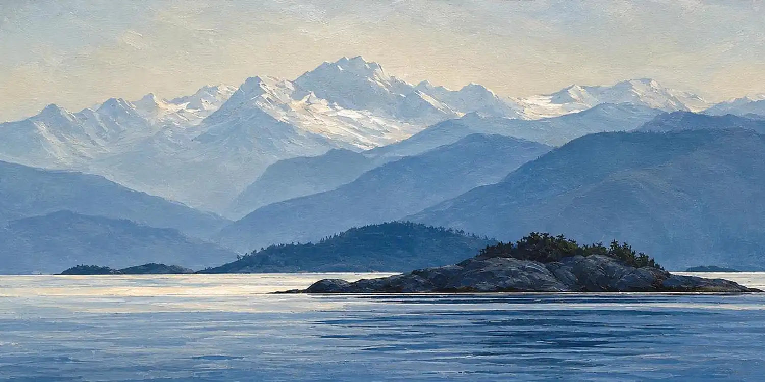 Blue mountain lake canvas art with island, snowy peaks and peaceful water.