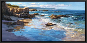 Rocky coastal shoreline canvas art with blue sea, cliffs and sunlit reflections.