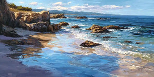 Rocky coastal shoreline canvas art with blue sea, cliffs and sunlit reflections.