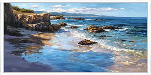 Rocky coastal shoreline canvas art with blue sea, cliffs and sunlit reflections.