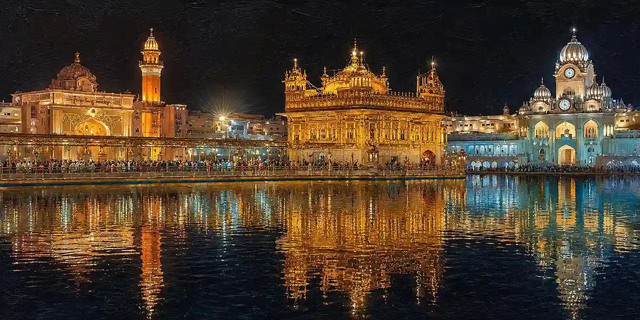 Golden temple night canvas art with illuminated architecture and water reflections.