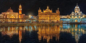 Golden temple night canvas art with illuminated architecture and water reflections.