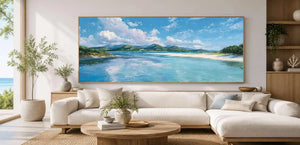 Turquoise lagoon canvas art with white sand, green hills and bright tropical sky.