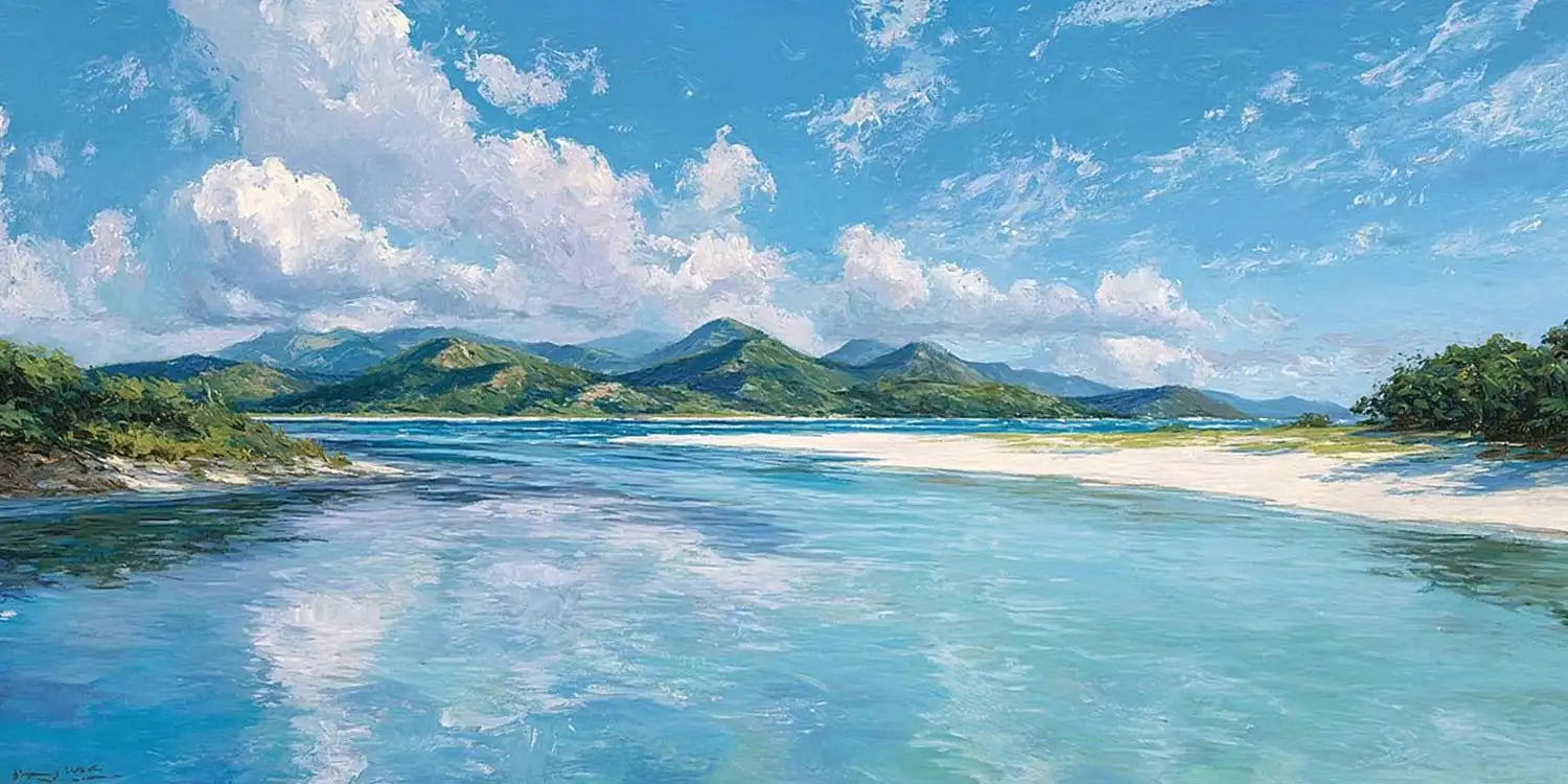 Turquoise lagoon canvas art with white sand, green hills and bright tropical sky.