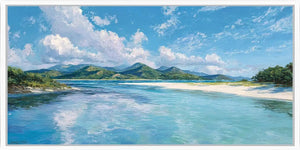 Turquoise lagoon canvas art with white sand, green hills and bright tropical sky.