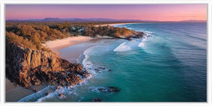 Panoramic coastal sunset canvas art with turquoise ocean for luxury interiors.