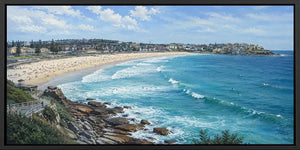 Australian beach canvas art with sweeping bay, surf waves and coastal skyline.