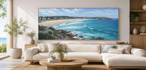 Australian beach canvas art with sweeping bay, surf waves and coastal skyline.