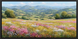 Wildflower meadow canvas art with rolling green hills and soft spring colours.