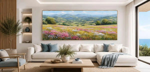 Wildflower meadow canvas art with rolling green hills and soft spring colours.