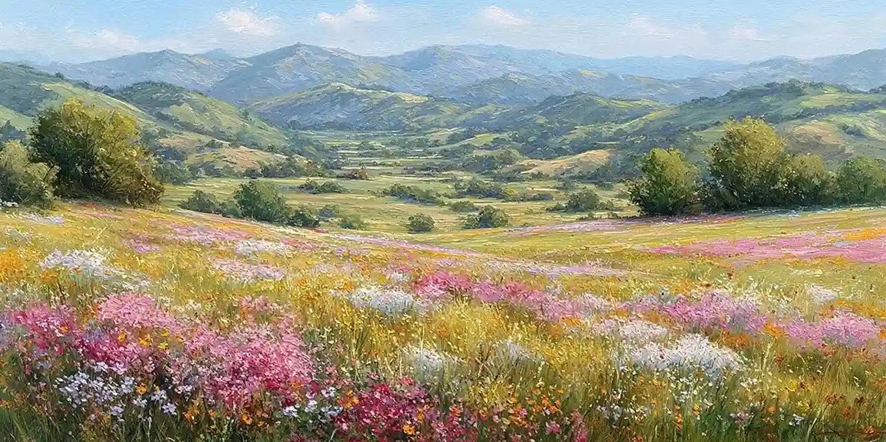 Wildflower meadow canvas art with rolling green hills and soft spring colours.