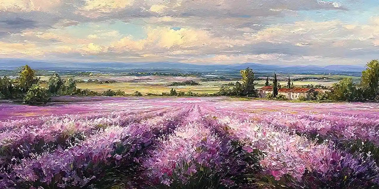 Lavender field canvas art with country house, trees and soft cloudy sky.