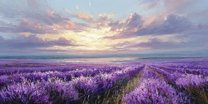 Lavender coastal field canvas art with ocean horizon and dramatic evening sky.
