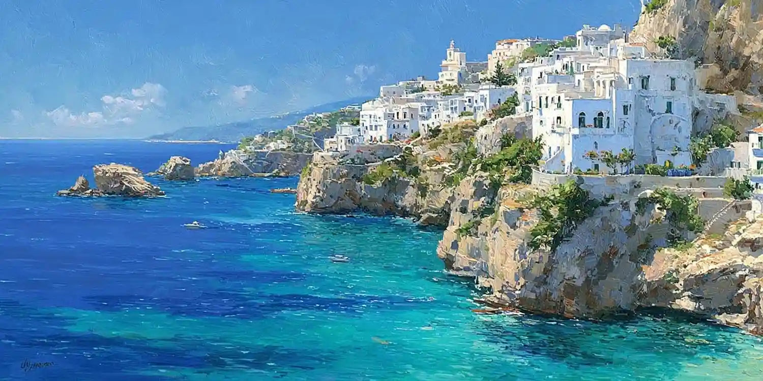 Mediterranean coastal village panoramic canvas art for modern living room decor