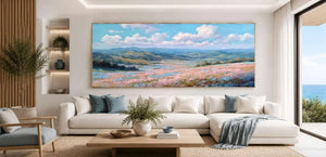 Wildflower valley landscape panoramic canvas art for modern living room decor