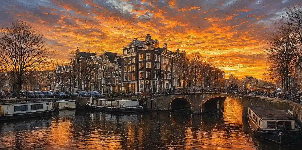 Historic canal city sunset panoramic canvas art for modern living room decor
