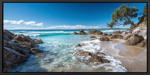 Tropical beach canvas art with pandanus tree and ocean waves for coastal decor.