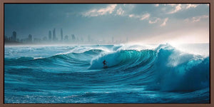 Dramatic ocean wave canvas art with surfer and skyline for modern office decor.
