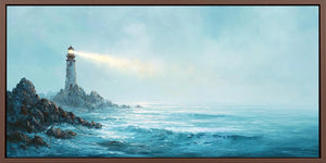 Coastal lighthouse canvas art overlooking ocean waves for serene living room decor