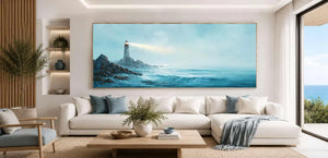 Coastal lighthouse canvas art overlooking ocean waves for serene living room decor