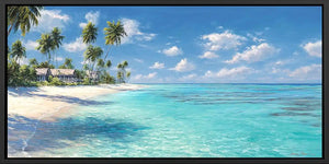 Tropical beach canvas wall art with palm trees and turquoise ocean for coastal interiors