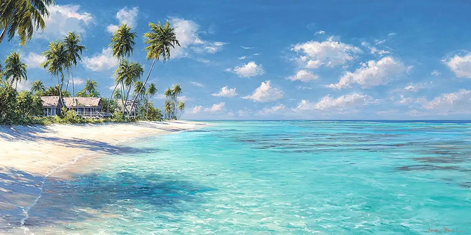 Tropical beach canvas wall art with palm trees and turquoise ocean for coastal interiors