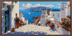 Mediterranean coastal canvas art with blue domes and sea view for elegant interiors
