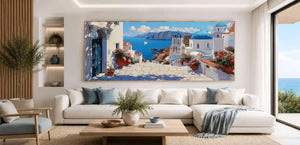 Mediterranean coastal canvas art with blue domes and sea view for elegant interiors