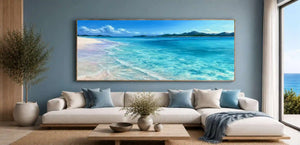 Clear turquoise shoreline canvas art for calm coastal bedroom decor.