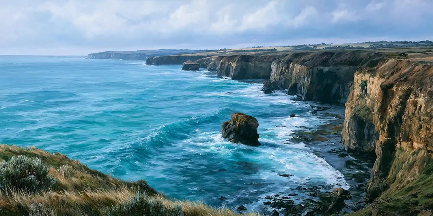 Rugged coastal cliff canvas art for refined modern living room decor.