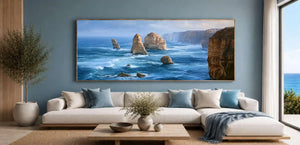 Dramatic sea stack coastal canvas art for luxury living room decor.
