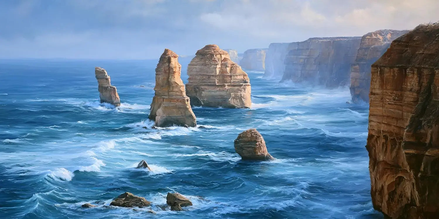 Dramatic sea stack coastal canvas art for luxury living room decor.