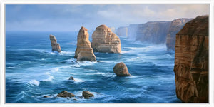 Dramatic sea stack coastal canvas art for luxury living room decor.