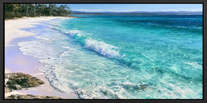 White sand beach canvas art with turquoise water for coastal bedroom decor.