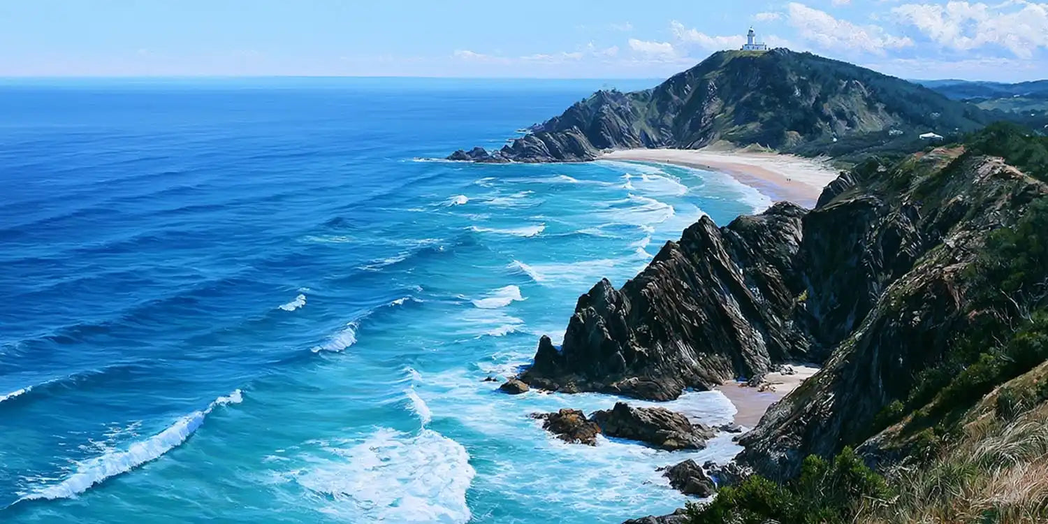 Byron Bay headland canvas art for modern coastal living room decor.