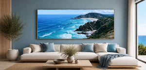 Byron Bay headland canvas art for modern coastal living room decor.