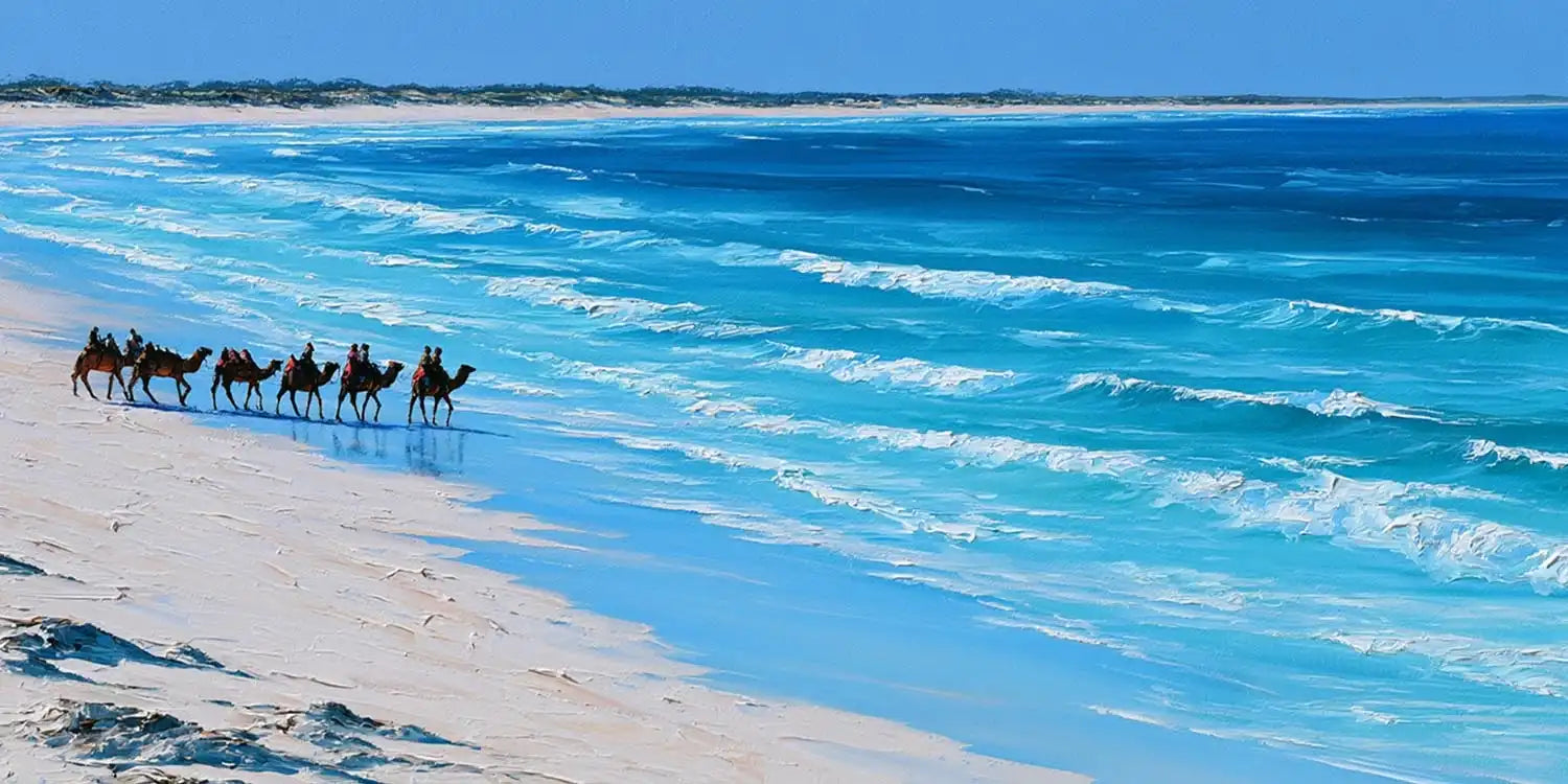 Camel caravan beach canvas art for coastal modern living room decor.