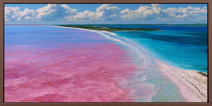 Pink lake and turquoise ocean canvas art for colorful modern home decor.
