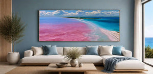 Pink lake and turquoise ocean canvas art for colorful modern home decor.
