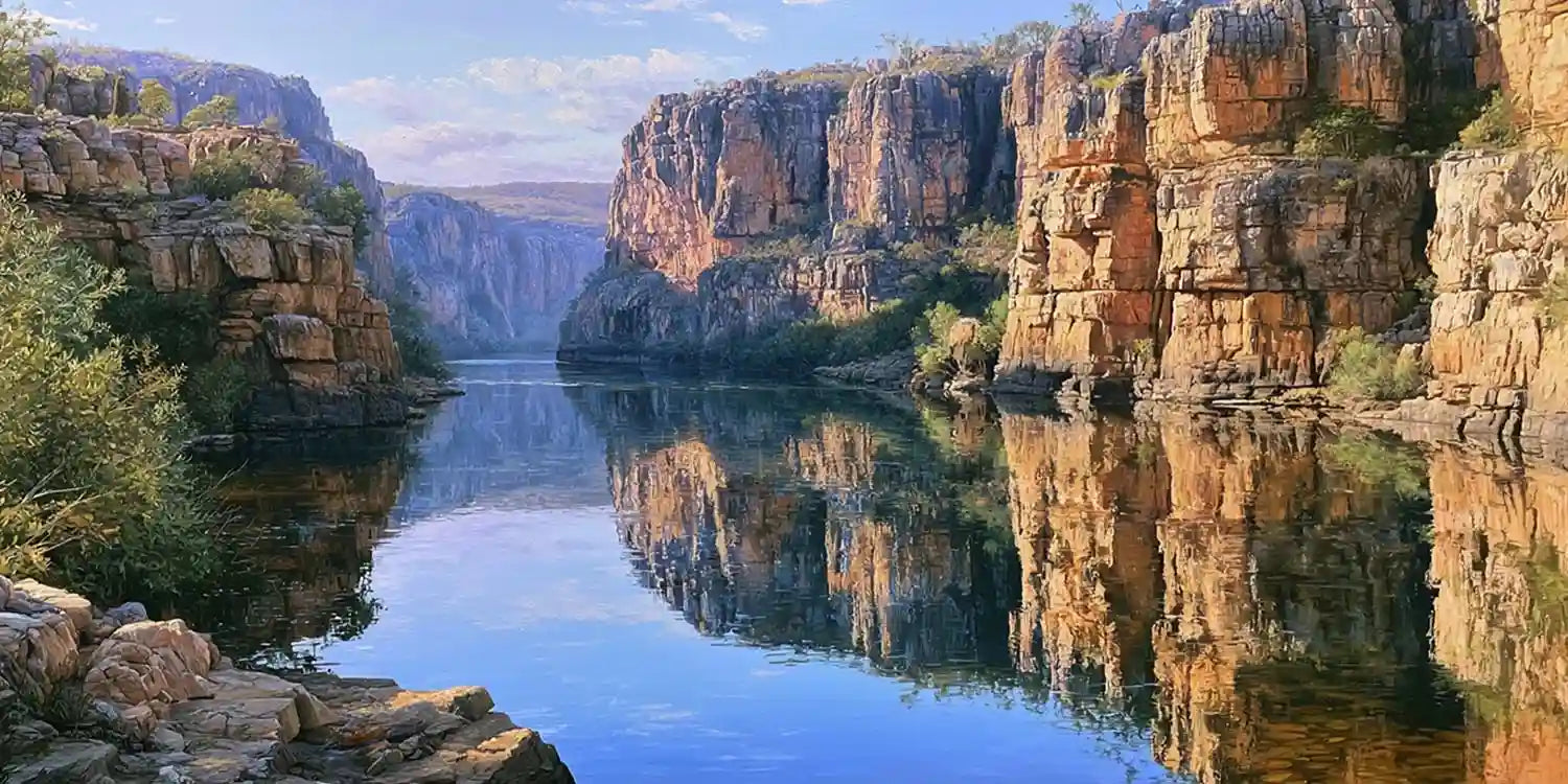 Australian gorge river canvas art for earthy modern living room decor.