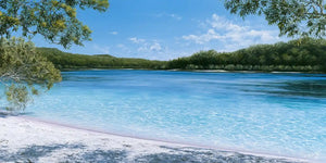 Clear blue river canvas art for calm coastal bedroom and bathroom decor.