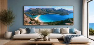 Wineglass Bay coastal canvas art with turquoise water and mountain views for luxury living room decor.