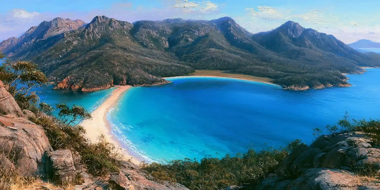 Wineglass Bay coastal canvas art with turquoise water and mountain views for luxury living room decor.
